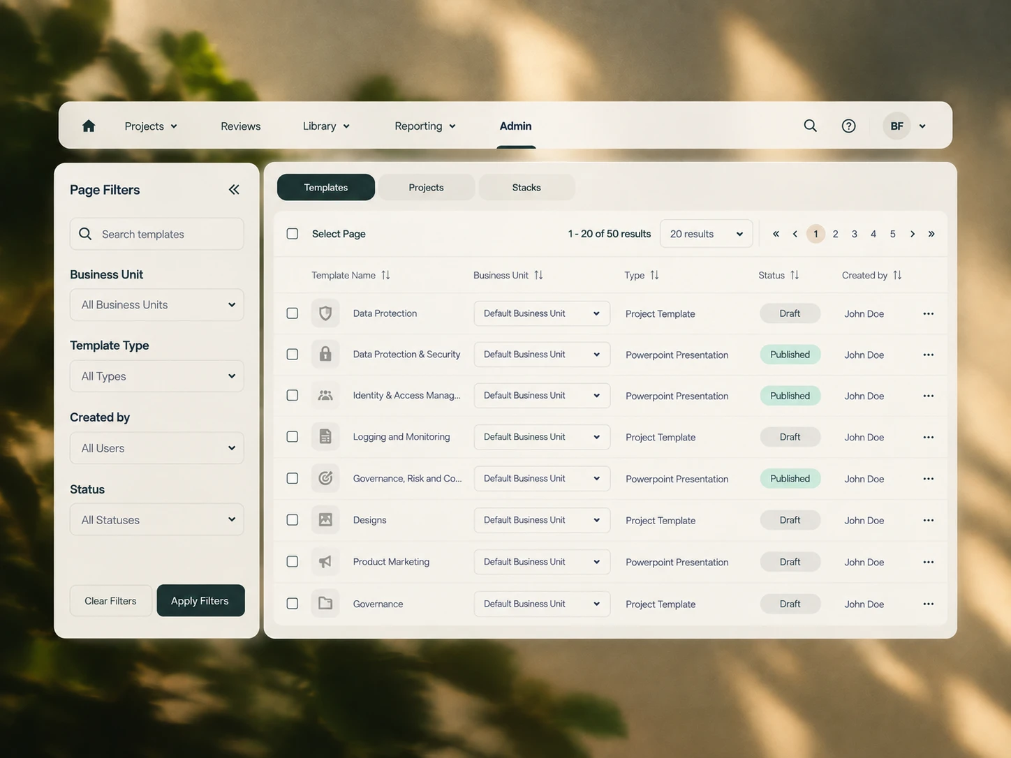 Templates dashboard: a filter panel beside a table of project templates, on a warm, leafy background