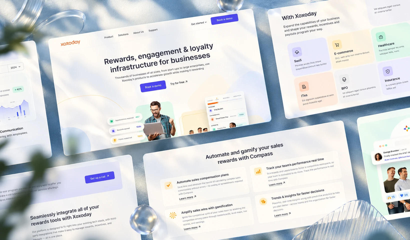 Xoxoday website pages on a cool blue background: the rewards hero, industry cards and the Compass sales features